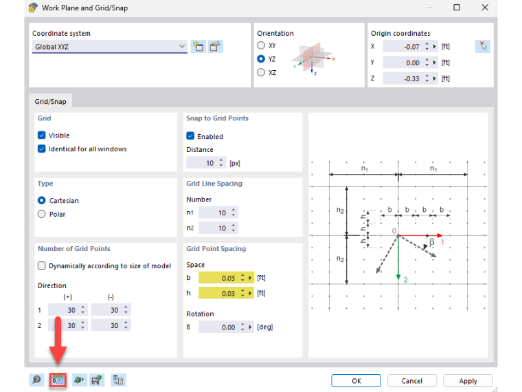 Optimierung des Rasterpunktrabstandes zur Feinjustierung von Modellparametern in CAD-Software.