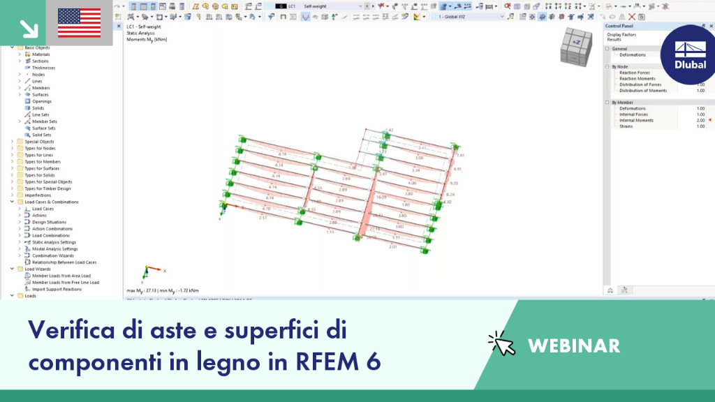Webinar che illustra il processo di verifica per aste e superfici in legno nel software RFEM 6.