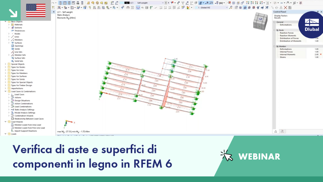 Webinar che illustra il processo di verifica per aste e superfici in legno nel software RFEM 6.