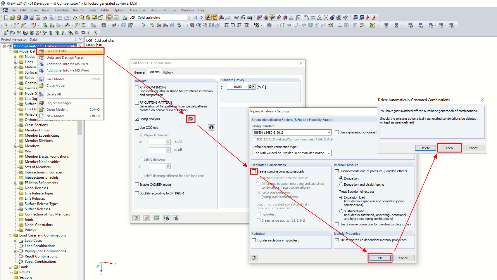 FAQ 005405 | Progettano tubazioni utilizzando il modulo aggiuntivo RF-PIPING Design. Ho creato un nuovo caso di carico di precompressione e caricato le tubazioni con spostamento longitudinale.Lz
