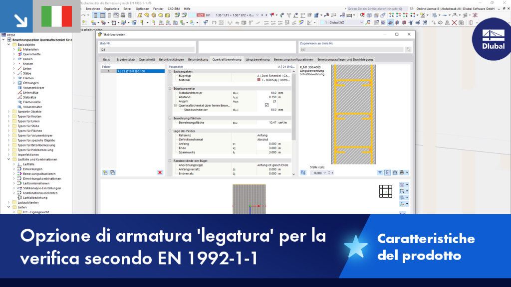 Opzione staffa di taglio nello strumento di verifica di Dlubal secondo EN 1992-1-1. Visualizzazione della progettazione dell'armatura con staffe specifiche.
