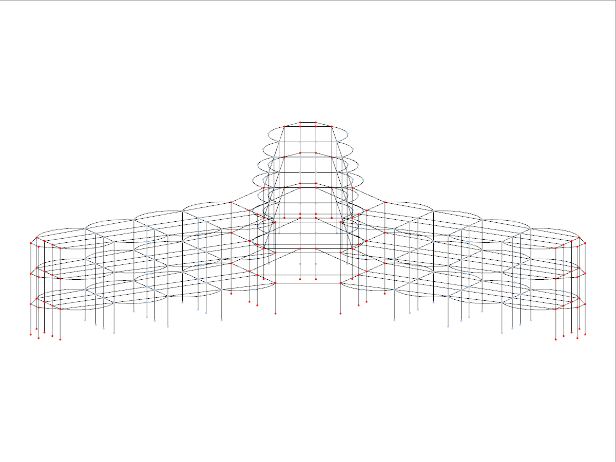 Una griglia wireframe tridimensionale di una struttura edilizia poligonale a forma di stella che mostra il design architettonico e la disposizione con linee intersecanti.