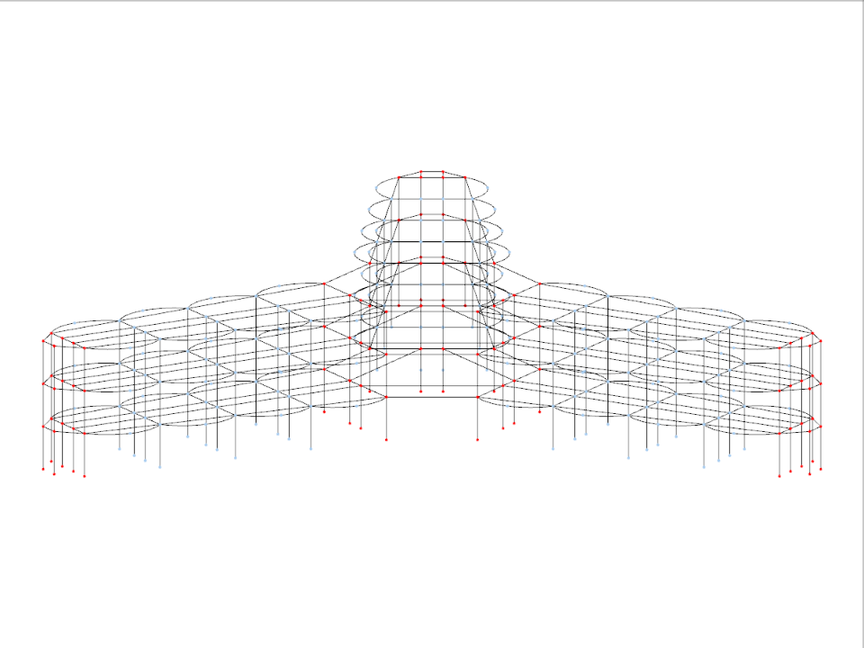 Una griglia wireframe tridimensionale di una struttura edilizia poligonale a forma di stella che mostra il design architettonico e la disposizione con linee intersecanti.