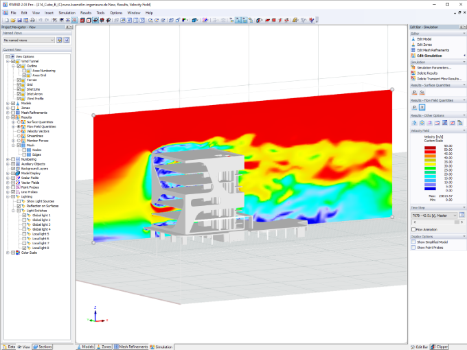 Il modello CFD numerico simula il flusso del vento attorno agli edifici e determina i carichi del vento