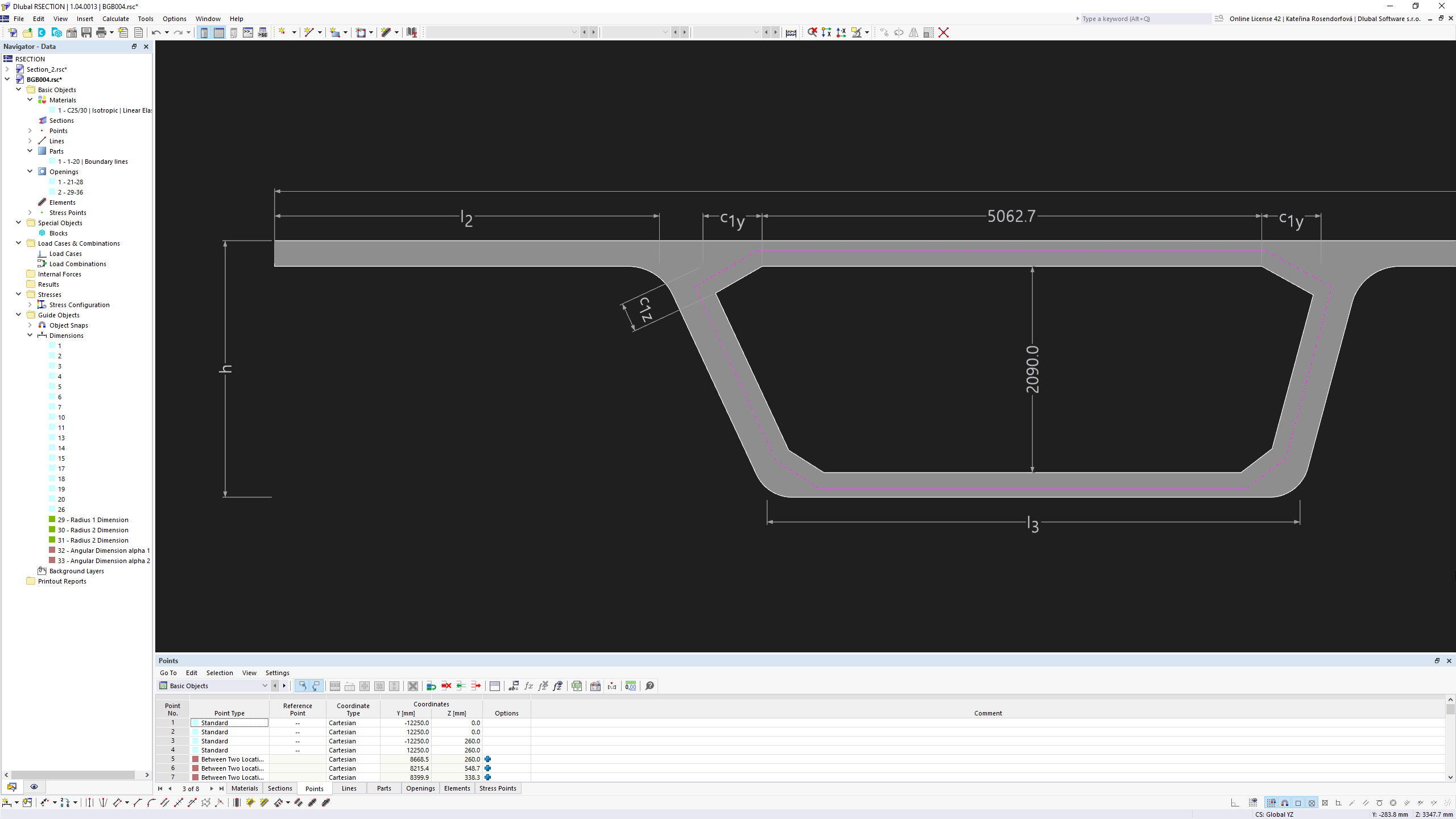 L'immagine mostra una sezione trasversale del ponte di un profilo in calcestruzzo con dimensioni precise nell'interfaccia grafica utente.