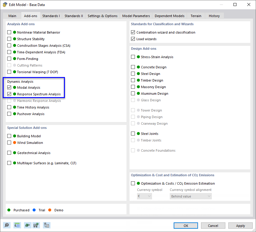Attivazione degli add-on "Analisi modale" e "Analisi dello spettro di risposta".