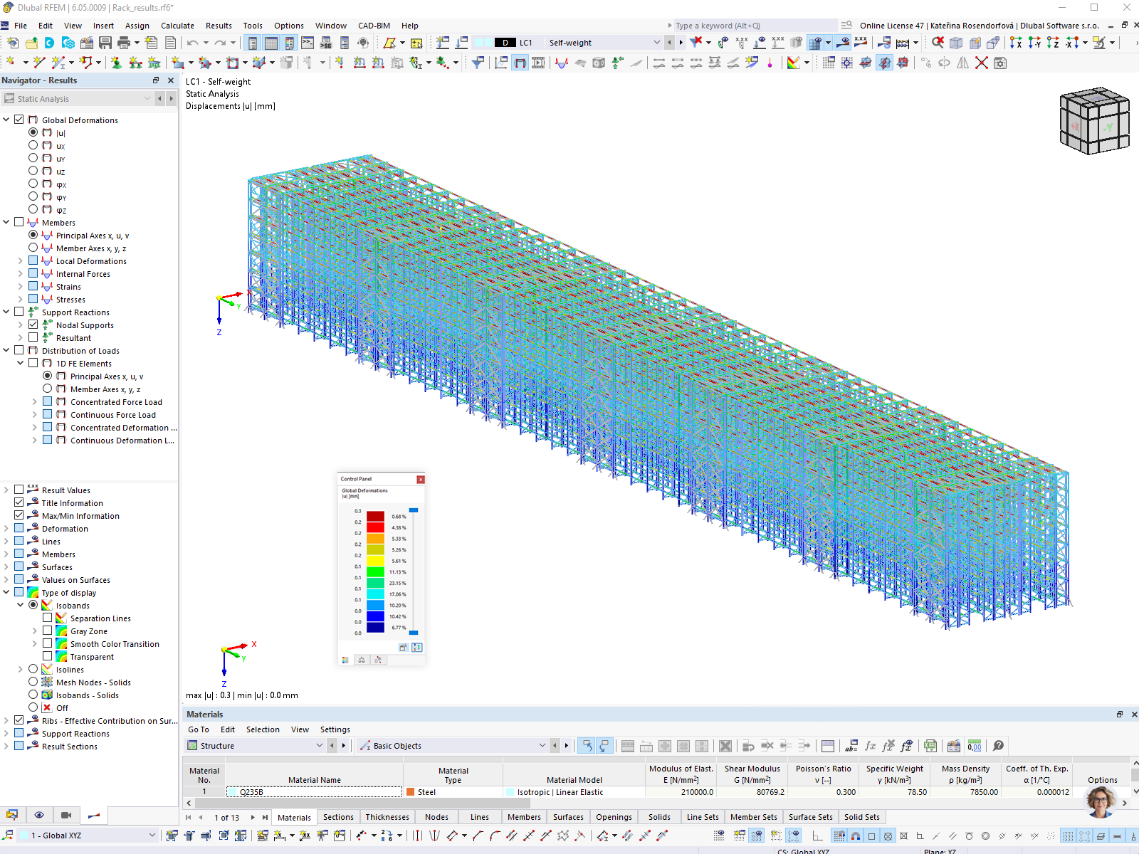 Modello RFEM del magazzino a scaffalature alte con i risultati degli spostamenti generalizzati