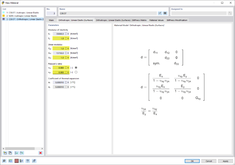 Regola il modulo di elasticità, il modulo di taglio e il rapporto di Poisson