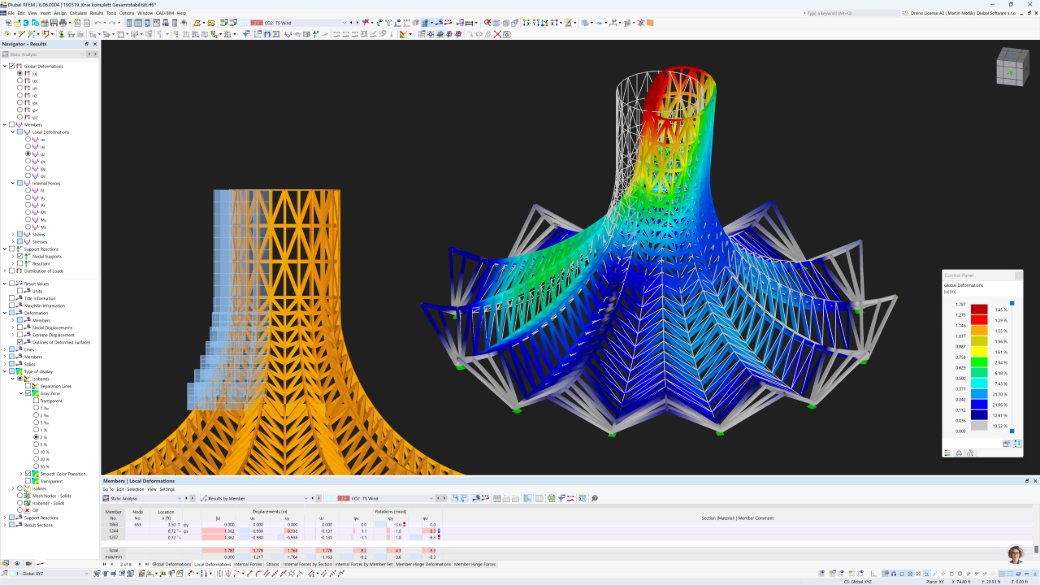 Questa immagine mostra un'interfaccia utente del software RFEM 6, utilizzato per analisi strutturali. Nell'area principale dell'interfaccia, si trova un modello 3D complesso di una struttura in legno, presentato in due viste diverse: una vista dei contorni trasparenti a sinistra e un'analisi strutturale colorata a destra.