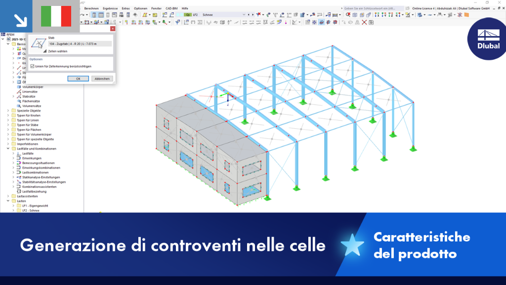 La funzione "Genera controvento in celle" consente l'organizzazione e la strutturazione delle celle. Sono riconoscibili disposizioni di celle specifiche e dettagli di collegamento.