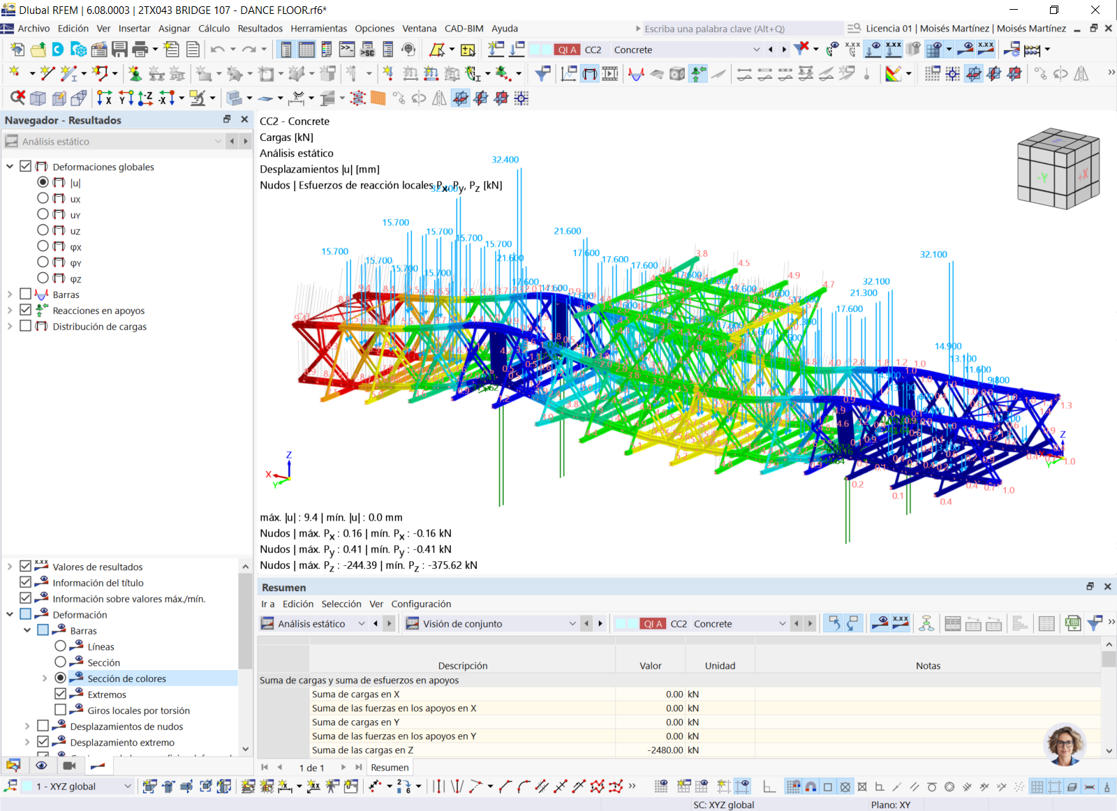 Analisi degli spostamenti in Dance Floor System con piattaforma in acciaio e trave reticolare in RFEM