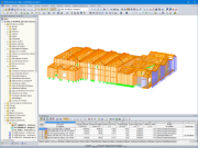 Modello di una palestra in legno in RFEM 5 che illustra la ristrutturazione e l'ampliamento dell'edificio scolastico.