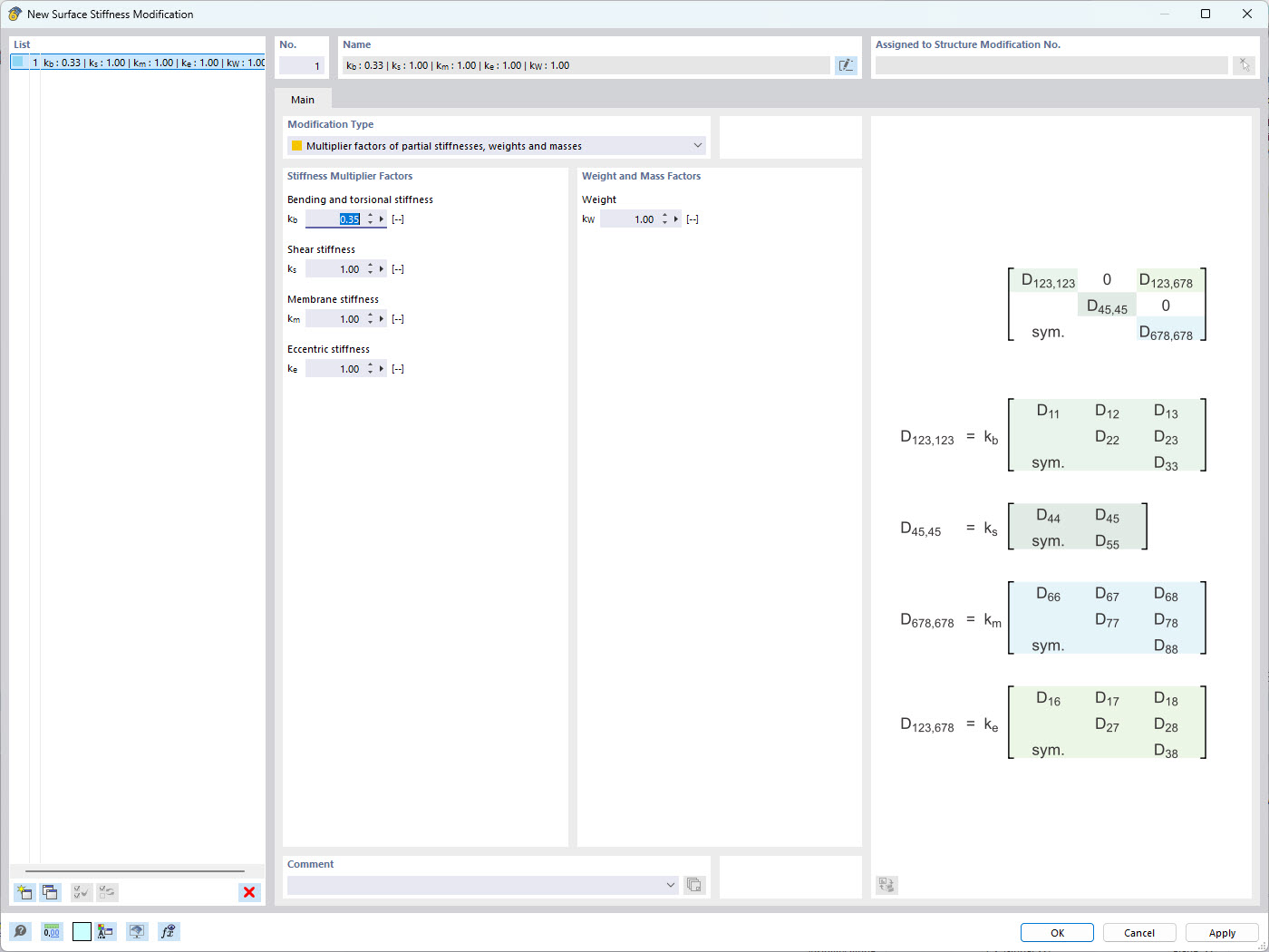 Finestra RFEM 6 per modificare la rigidezza della superficie con moltiplicatori dei termini della matrice