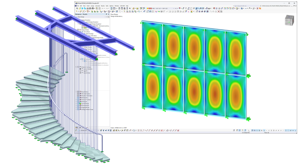 Facciata in vetro e scala con l'interfaccia di RFEM 6