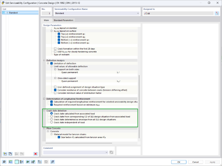 Interfaccia che mostra configurazioni delle impostazioni per il rilevamento dello stato di fessurazione con parametri tecnici.