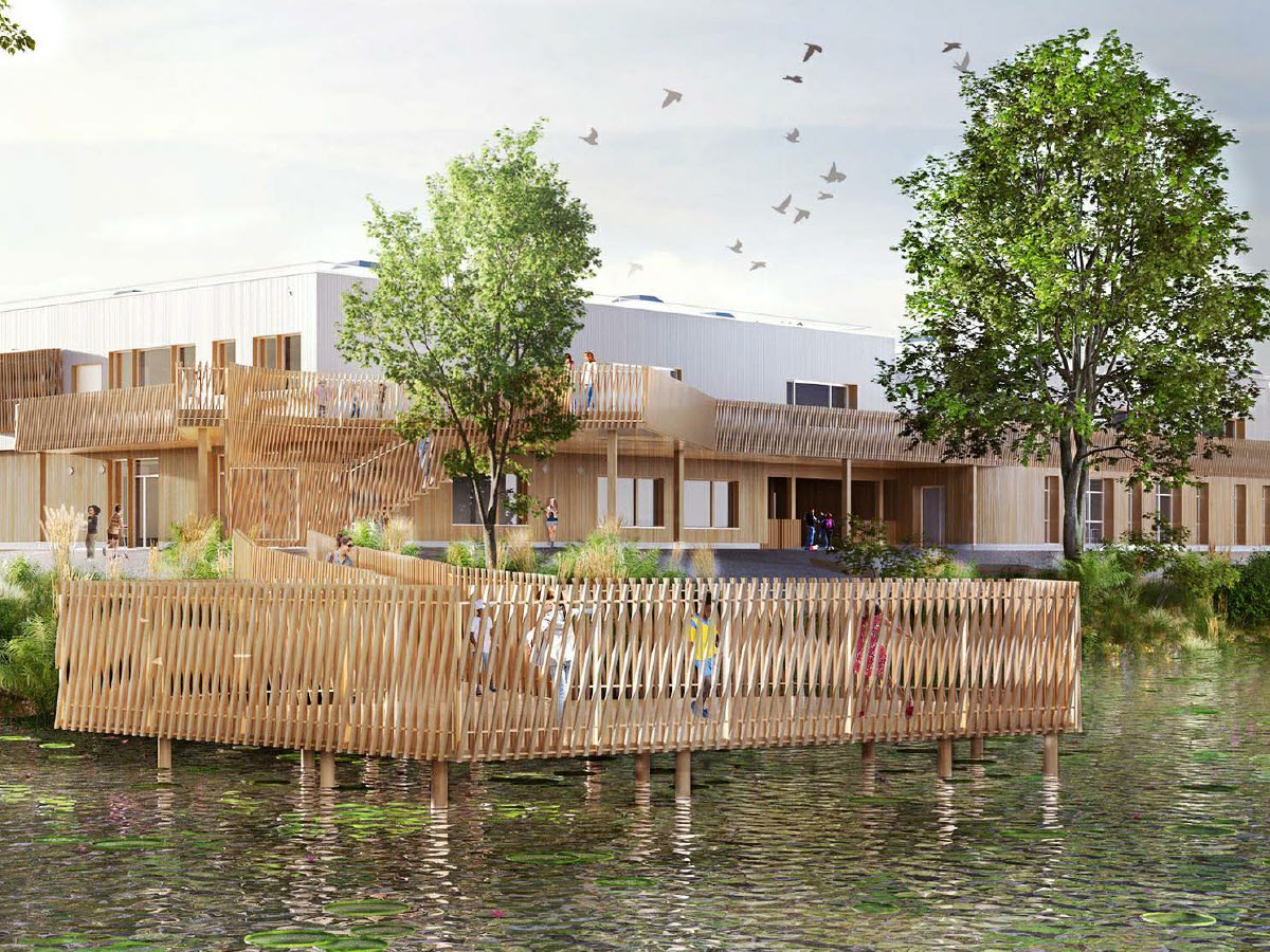 Vista dell'edificio dal piano d'acqua | Cité scolaire di La Rochelle | Solai compositi legno-calcestruzzo e struttura mista legno-acciaio