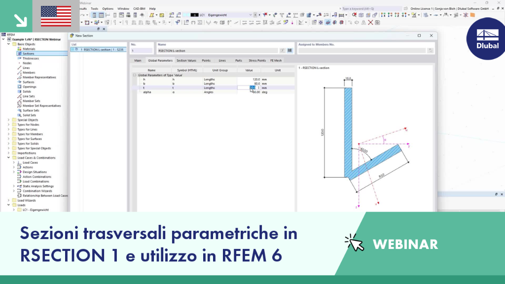 L’immagine promuove un webinar sulle sezioni parametriche in RSECTION 1 e sul loro utilizzo in RFEM 6