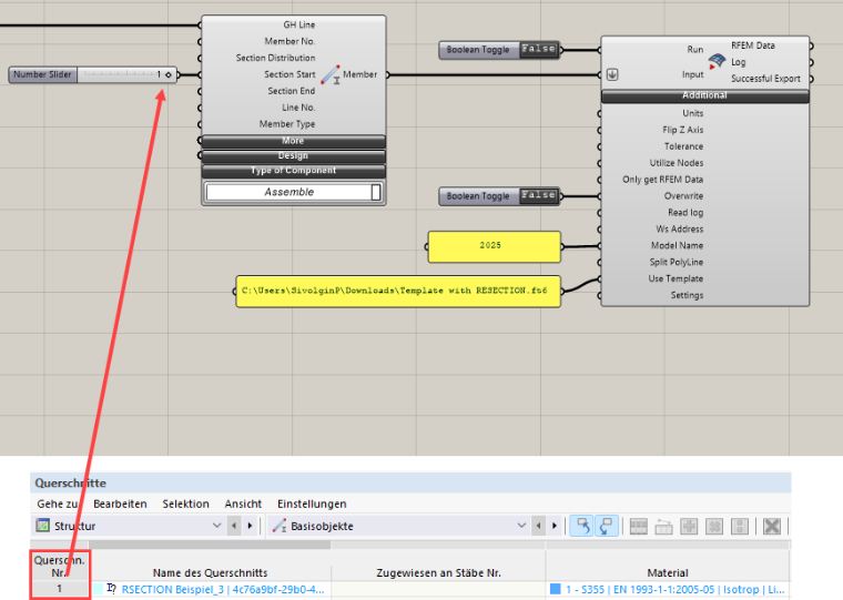 L'immagine mostra un riferimento al numero di sezione dal modello di RFEM e una rappresentazione di RSECTION in Grasshopper.