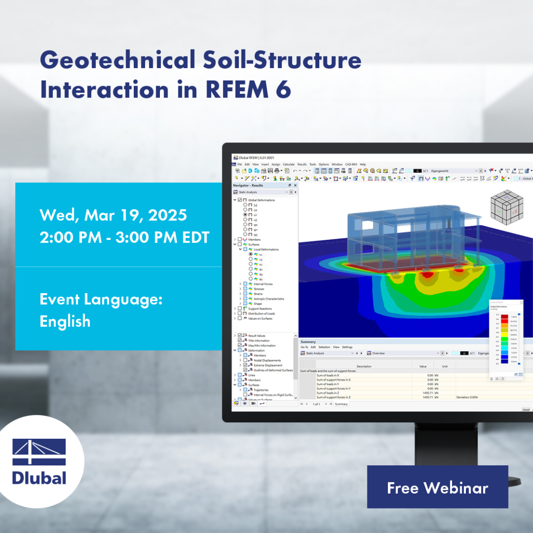 Questa immagine promuove un webinar gratuito sull'interazione terreno-struttura geotecnica in RFEM 6.