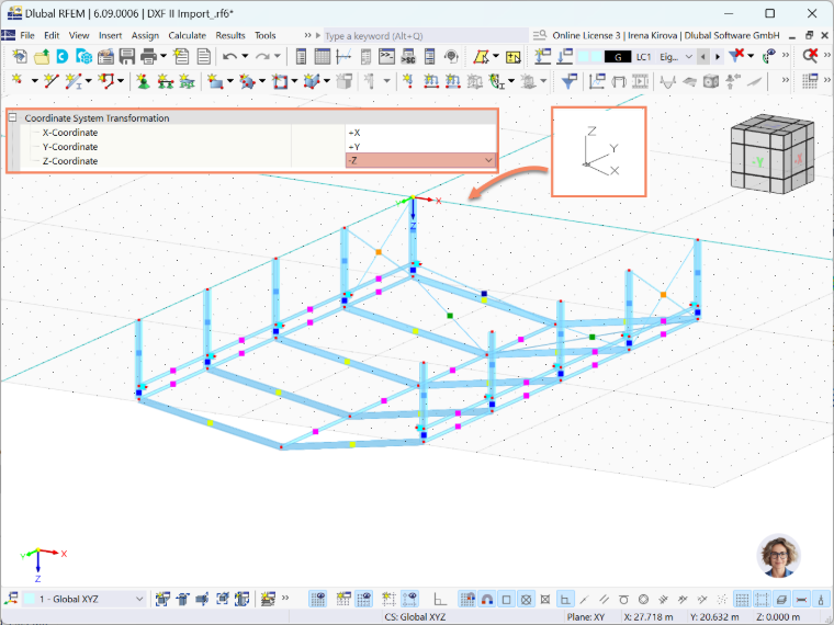 Opzione di trasformazione del sistema di coordinate visualizzata in RFEM 6, evidenziando la flessibilità dell’importazione di file AutoCAD/DXF.