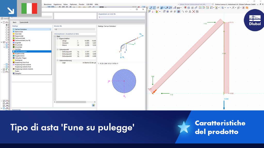 Visualizzazione del tipo di asta "Fune tra piastre", evidenziata in una modellazione strutturale per l'analisi delle tensioni aumentate.