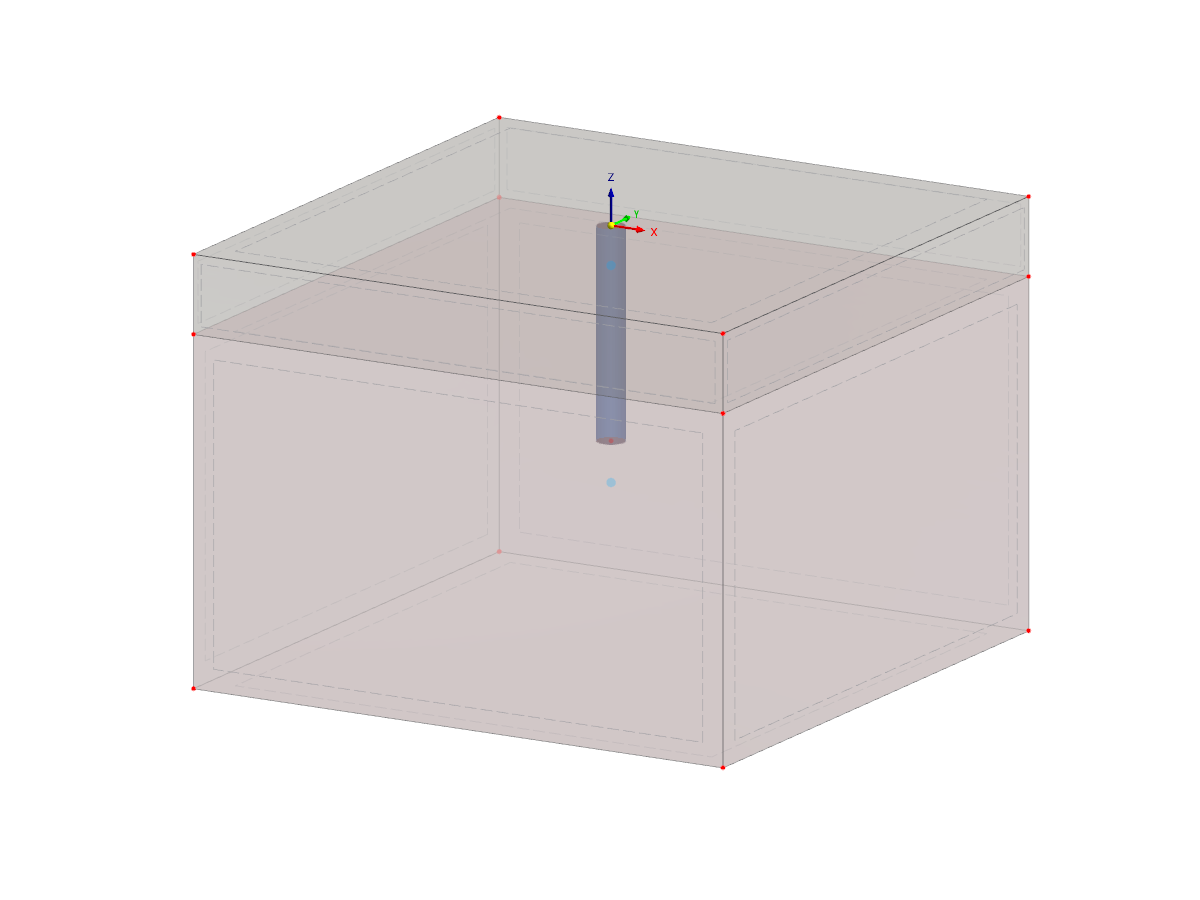 Vista 3D di un modello di palo in calcestruzzo che mostra l'interazione terreno-struttura, utilizzata per l'analisi geotecnica in RFEM 6.