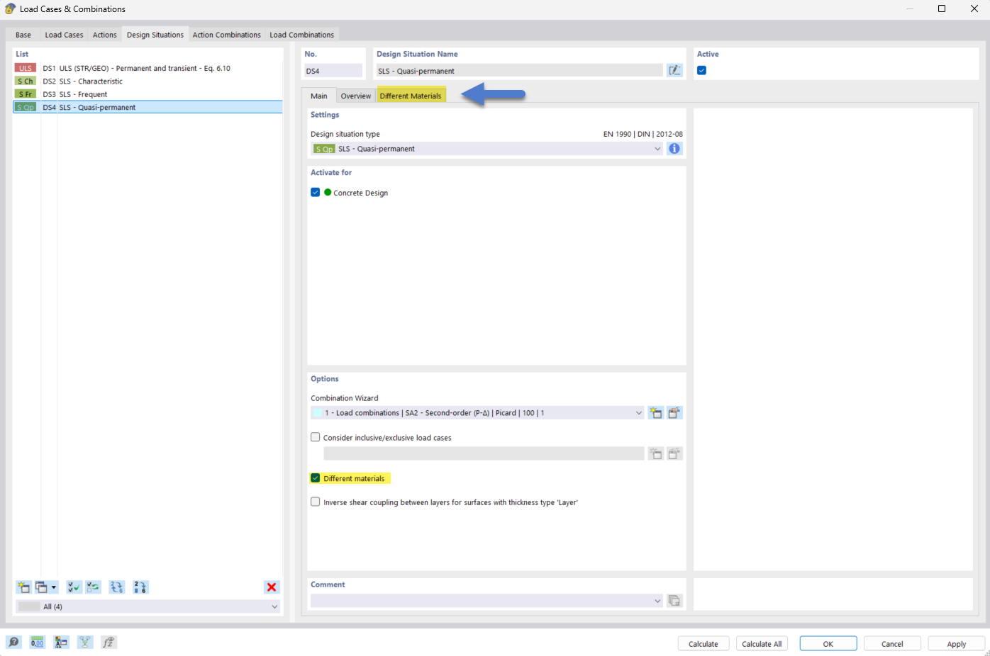Impostazione delle situazioni di progetto in RFEM 6 con materiali diversi attivata.