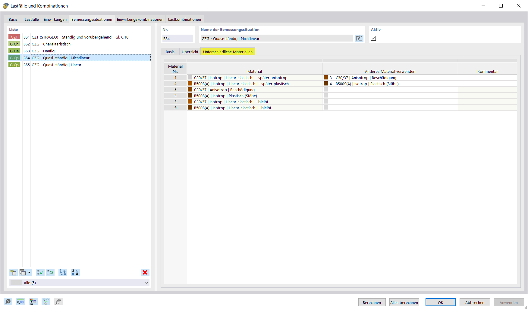 Assegnazione dei materiali per le situazioni di progetto in RFEM 6, sezione per materiali diversi per definire il materiale applicato.