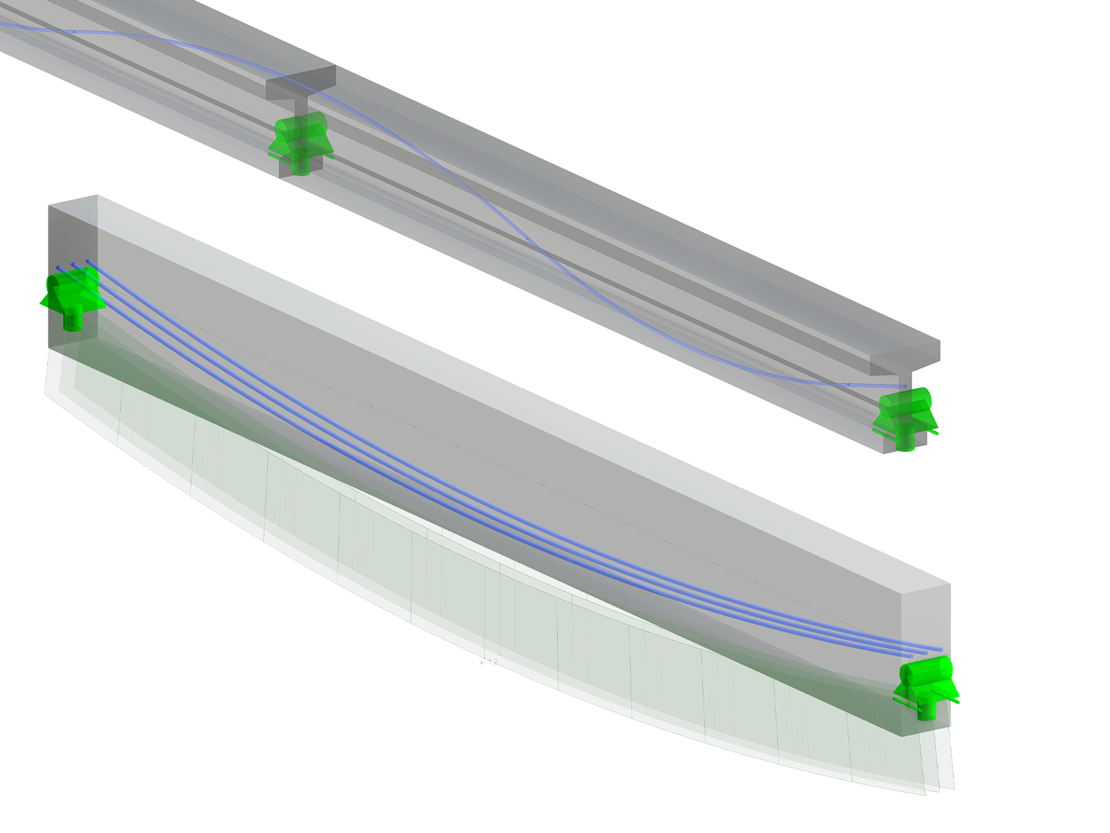 Travi in calcestruzzo armate utilizzando l’add-on Armature di precompressione per RFEM 6, che mostrano tecniche di armatura precompressa.