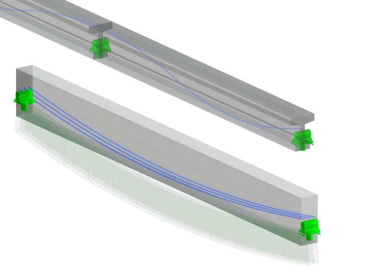 Travi in calcestruzzo armate utilizzando l’add-on Armature di precompressione per RFEM 6, che mostrano tecniche di armatura precompressa.