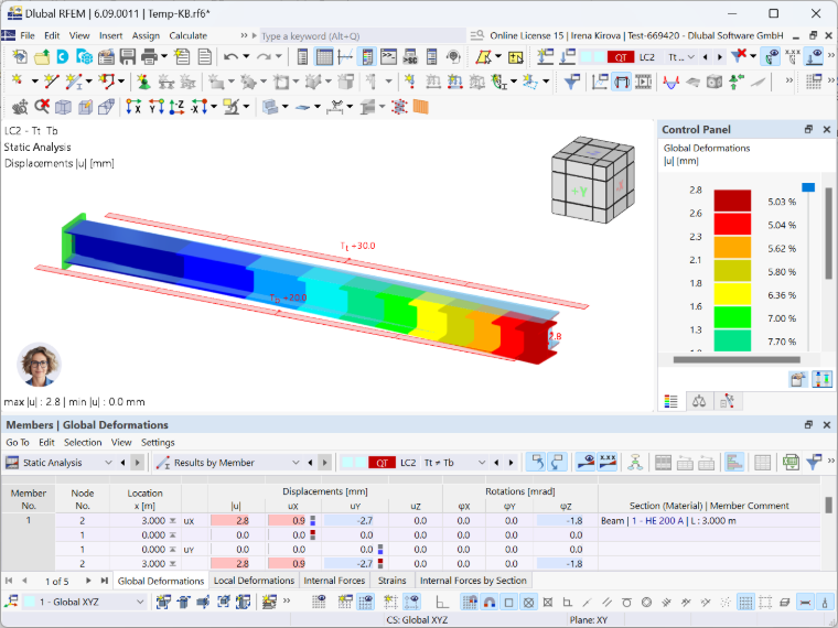 Deformazione della trave in RFEM 6 da temperature differenti tra la parte superiore e inferiore.