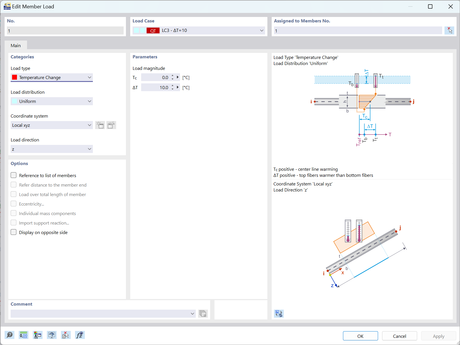 Dimostrazione della simulazione di flessione della trave utilizzando RFEM 6 definendo la differenza di temperatura ΔT tra superiore e inferiore.