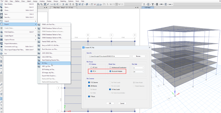 Visualisierung des Transferprozesses eines Gebäudemodells von ETABS durch IFC-Export zu RFEM.