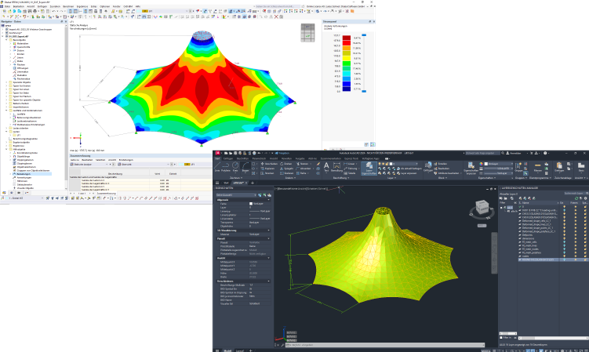 Schermata del computer mostra una mesh FEM esportata con la forma strutturale deformata evidenziata in un modello software.