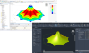 Schermata del computer mostra una mesh FEM esportata con la forma strutturale deformata evidenziata in un modello software.