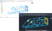 Esportazione di un modello 3D della struttura da Dlubal Software in Advance Steel, mostrato in un disegno strutturale e una vista di profili