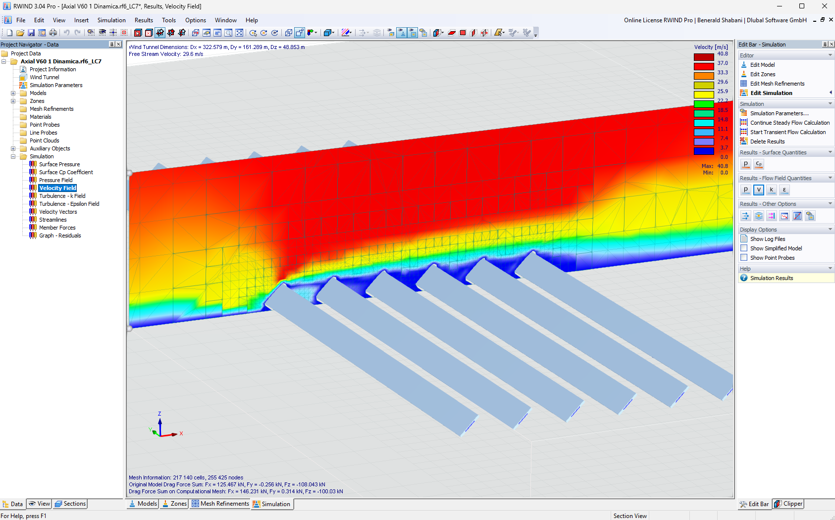Campo di velocità dei tracker in RWIND © Axial Structural Solutions.