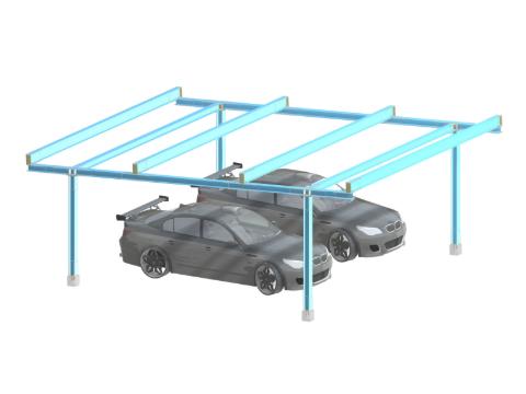 Modello 3D di una struttura di supporto per tettoia in RFEM 6, evidenziando le strutture portanti e i collegamenti.