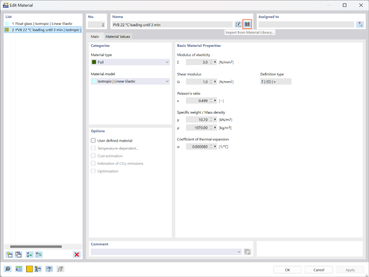 Impostazioni dei materiali di RFEM 6 per la modellazione di strutture in vetro nell'analisi strutturale.