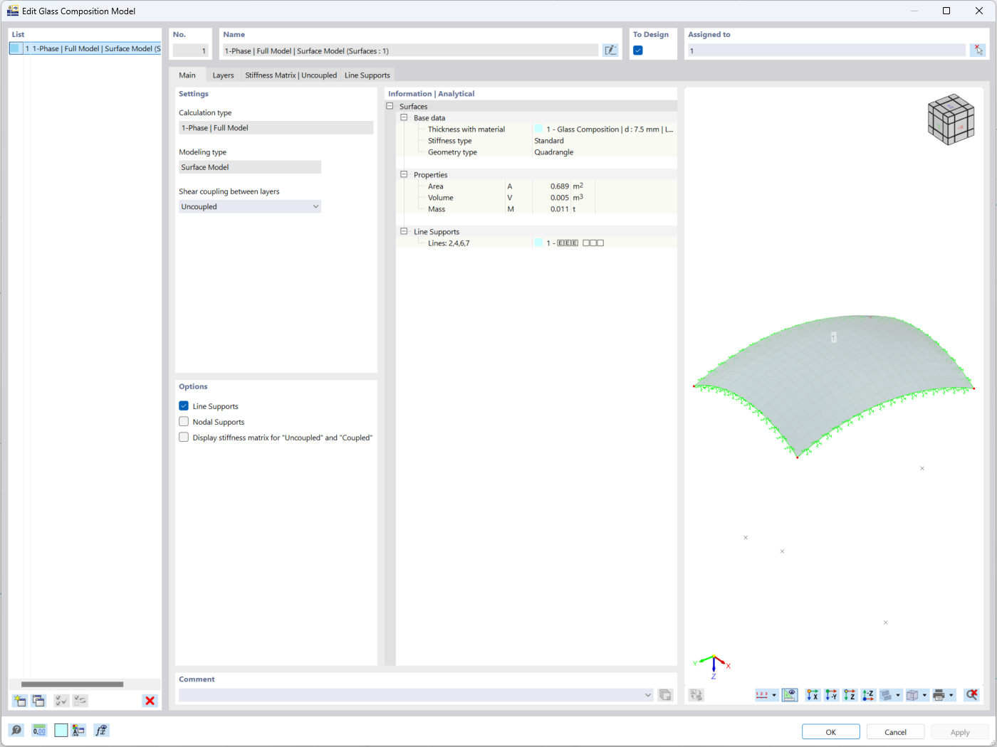 Interfaccia delle impostazioni per la definizione di un modello compositivo di vetro in RFEM 6 per analisi strutturale.