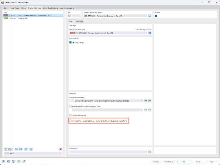 Opzione per l'accoppiamento a taglio inverso nelle composizioni di vetro nella scheda situazioni di progetto di RFEM 6.