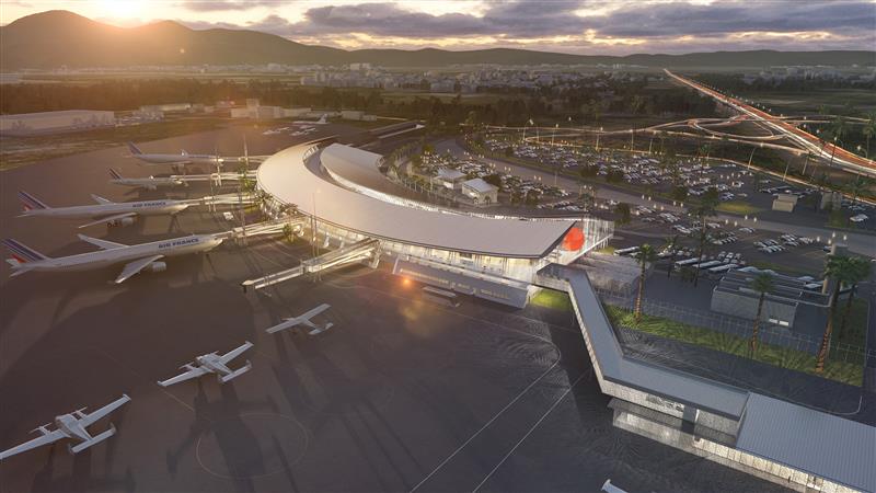 Render 3D dell'aeroporto Aimé Césaire al tramonto | © AIA Life Designers, Architetti