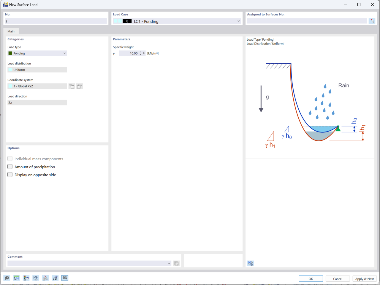 La finestra di dialogo per la definizione dei carichi di ristagno in RFEM 6 fornisce opzioni di input per gli ingegneri per specificare e regolare gli scenari di ristagno nei propri modelli di analisi strutturale.