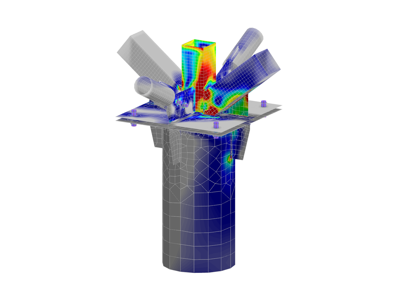 Modello 005794 | Collegamento bullonato in acciaio modellato in RFEM con forze interne trasferite dalla struttura del tetto