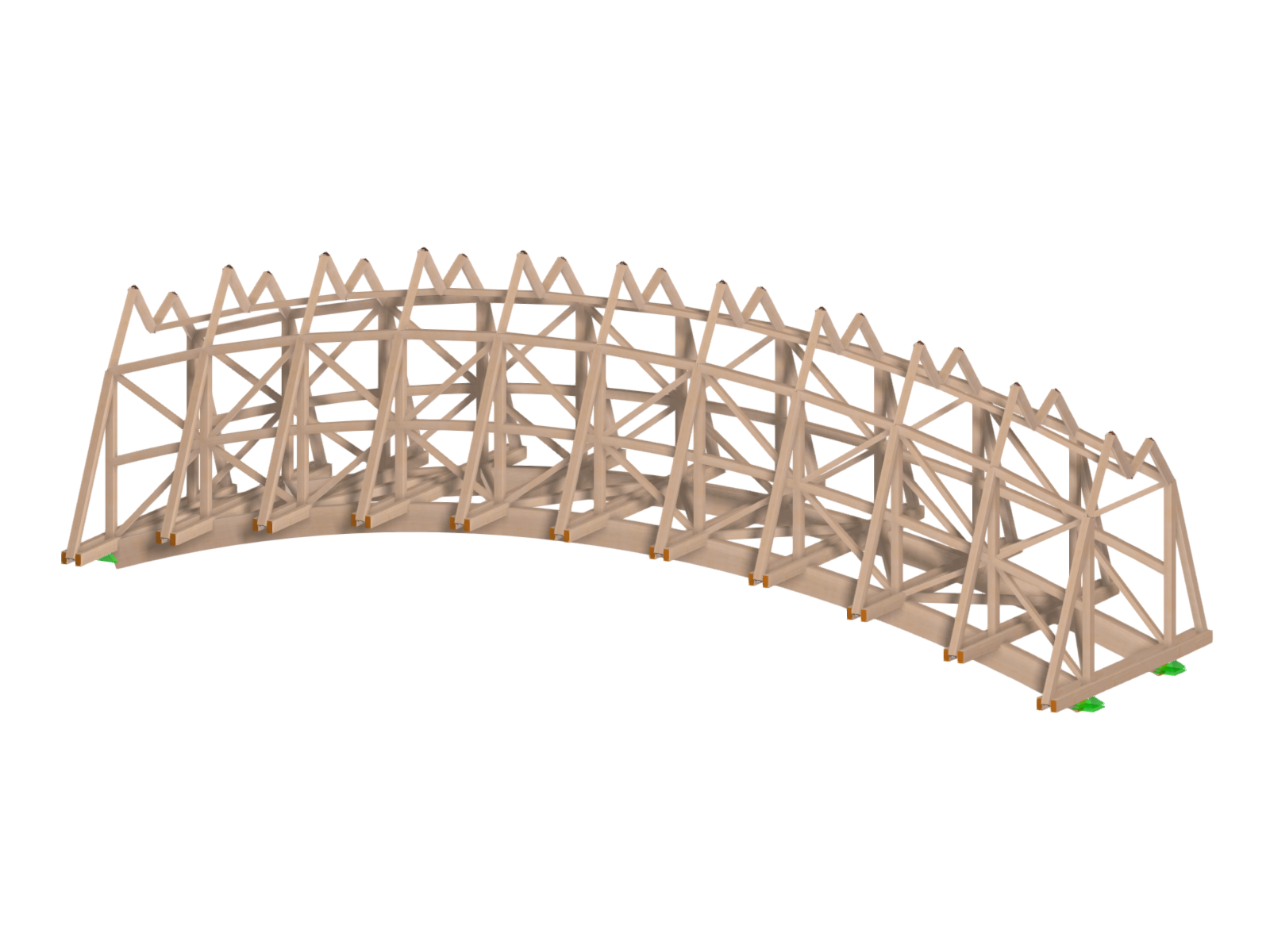 Modello per la verifica della struttura di un ponte in legno creato in RFEM 6 con il componente aggiuntivo Verifica legno