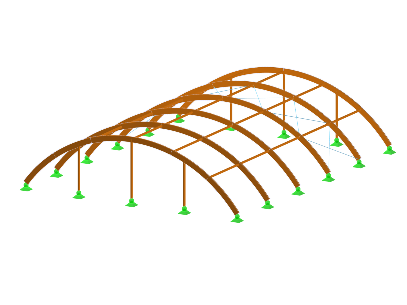 Struttura in legno di un capannone ad arco con dettagli strutturali che mostrano gli elementi strutturali.