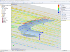 Visualizzazione del carico del vento su una struttura a membrana, rappresentato in un'analisi CFD.