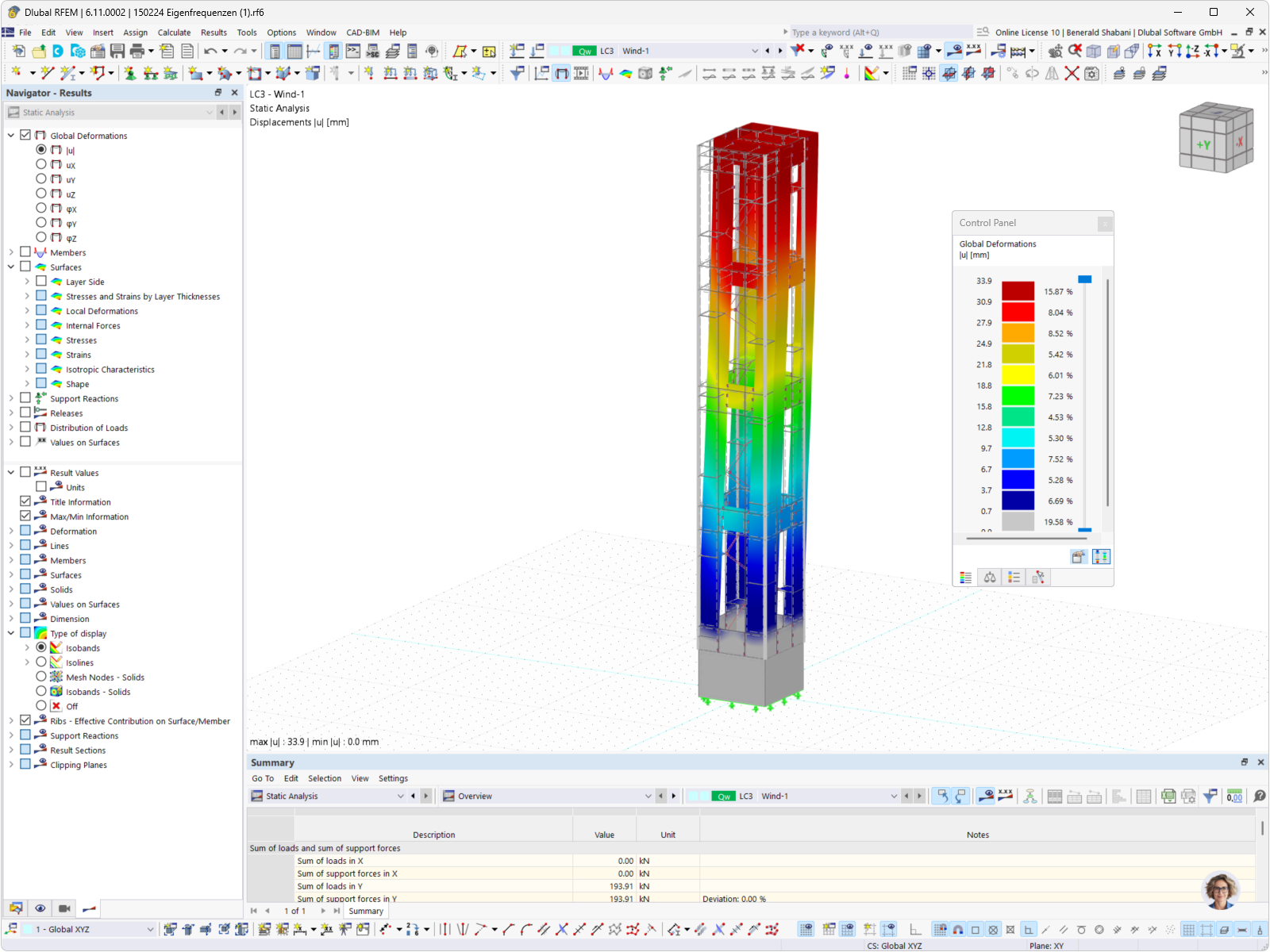 Rappresentazione dell'analisi delle deformazione della torre di osservazione con RFEM