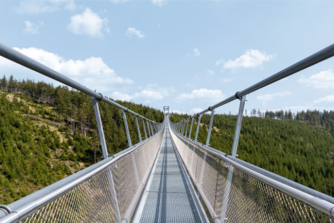 Vista del ponte sospeso pedonale più lungo al mondo, situato a Dolní Morava, Repubblica Ceca, progettato da TAROS NOVA a.s. e analizzato con RFEM 5.