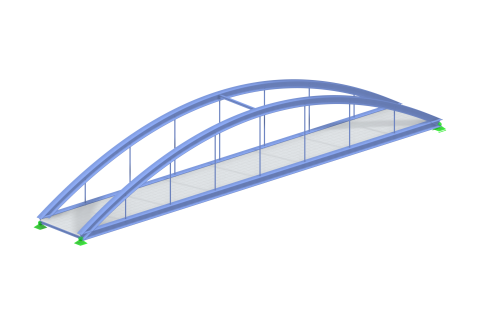 Modello RFEM 6 illustrando un ponte pedonale realizzato con materiali in acciaio e calcestruzzo, evidenziando la verifica strutturale